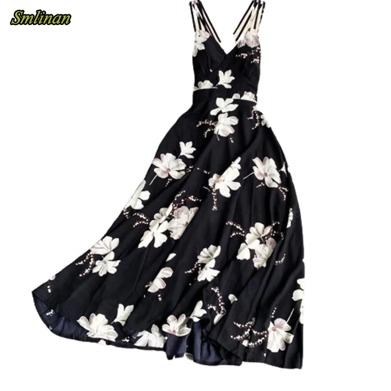

Smlinan Summer Bohemian Boho Beach Long Dress Women Spaghetti Strap Backless Sexy Club Dress Print Floral Vintage Party Dresses