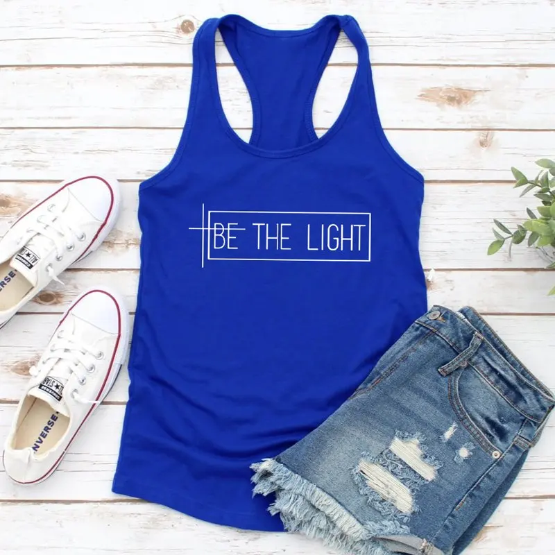 blue-white text Жилет Be The Light Tank Топы трендовые женские ракербэк католический, христианский танки Винтаж без рукавов, для тренажерного зала Беговая футболка для тренировок - Цвет: blue-white text
