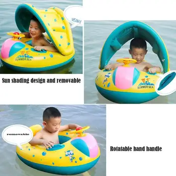 

New Lovely Baby Kids Swimming Ring Childs Inflatable Swimming Circle Rings Rotatable Hand Handle Sun Shading Design