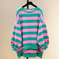 Plus Size 6XL 110kg Spring Sweatshirts Long Sleeve Striped Loose Large Hearted Pullover Shirts Tops Sweet sweatshir