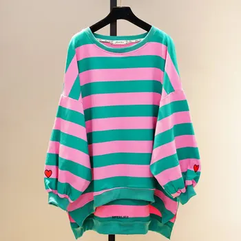 Plus Sized 6XL 110kg Spring Sweatshirts Long Sleeve Stripped Loose Large Hearted Pullover Shirts 1