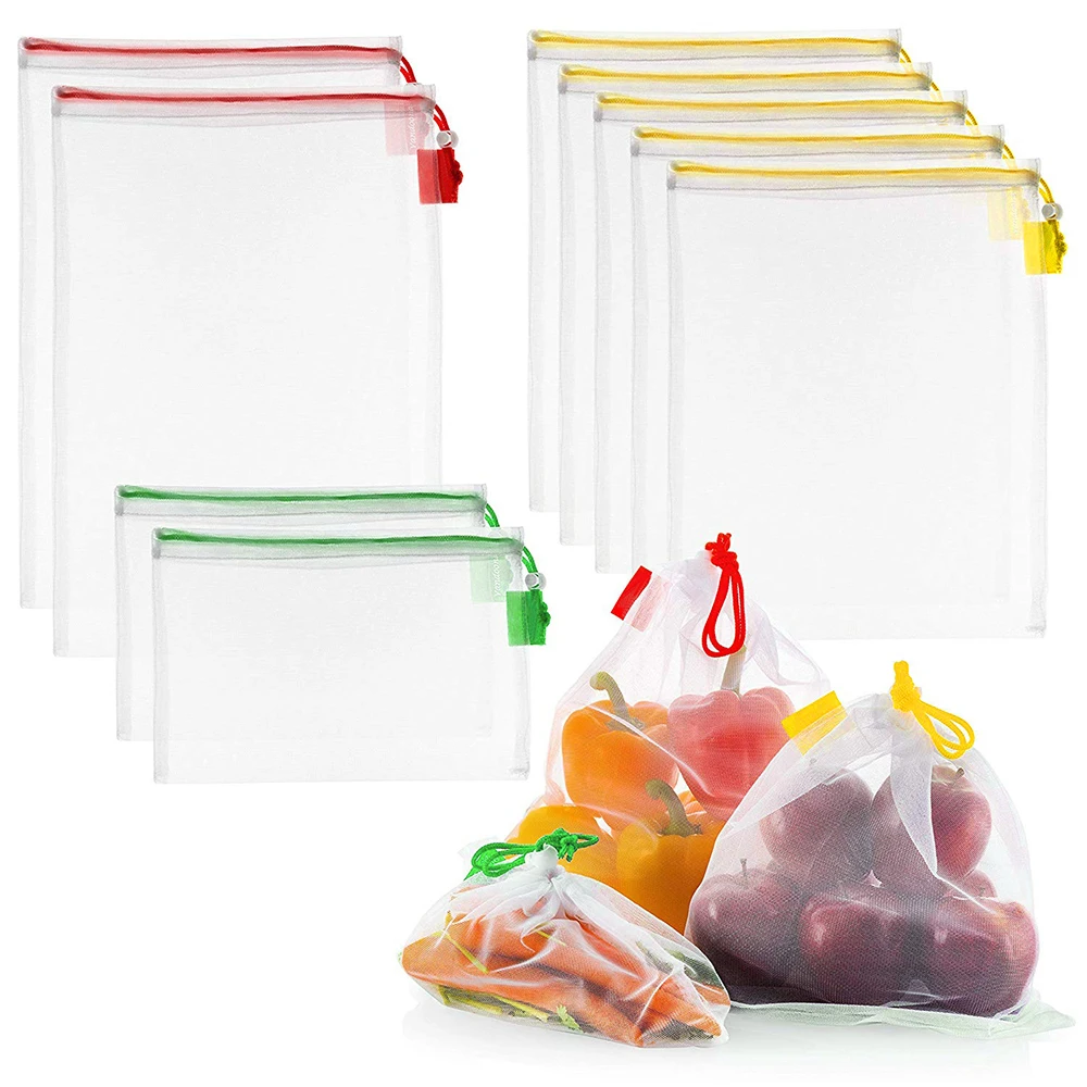 15 шт многоразовые сетки производят сумки моющиеся эко-сумка для хранения фруктов овощей полиэстер многоразовые сетки производят сумки