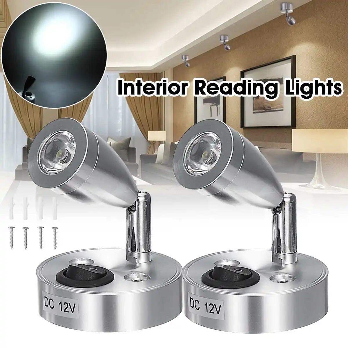 

3W 12V Aluminum Warm White Light LED Spotlights Interior Reading Lights Switch For Caravan Boat Campervan Home Bedroom Use