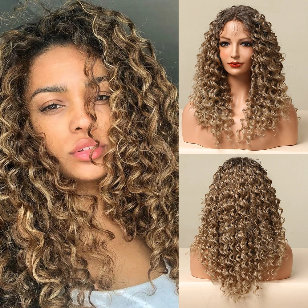 Dianteira do Laço Sintética para Preto Resistente ao Calor Easihair Longo Kinky Encaracolado Peruca Preto Misturado Laço Vermelho Frontal Perucas Afro Feminino 7 High Quality Apliques e perucas