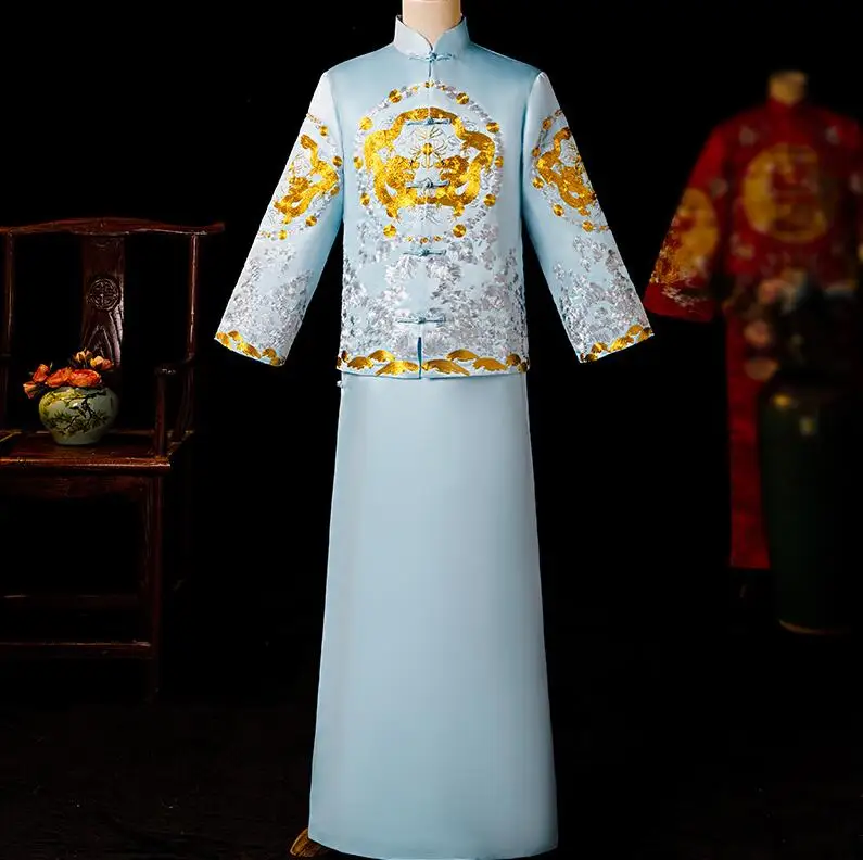 Синий Жених Винтаж Свободный чеонгам традиционное китайское свадебное платье атласное Qipao Вышивка костюм дракона Vestido восточные мужские - Цвет: Sky blue dress D