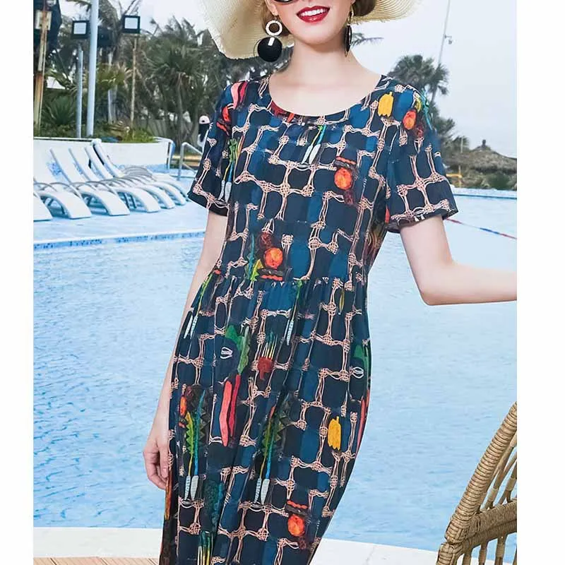 

Summer New Style Chiffon Dress Women's Long Loose-Fit Elegant Big Brand WOMEN'S Dress Middle-aged Women Dress Skirt Ozhouzhan