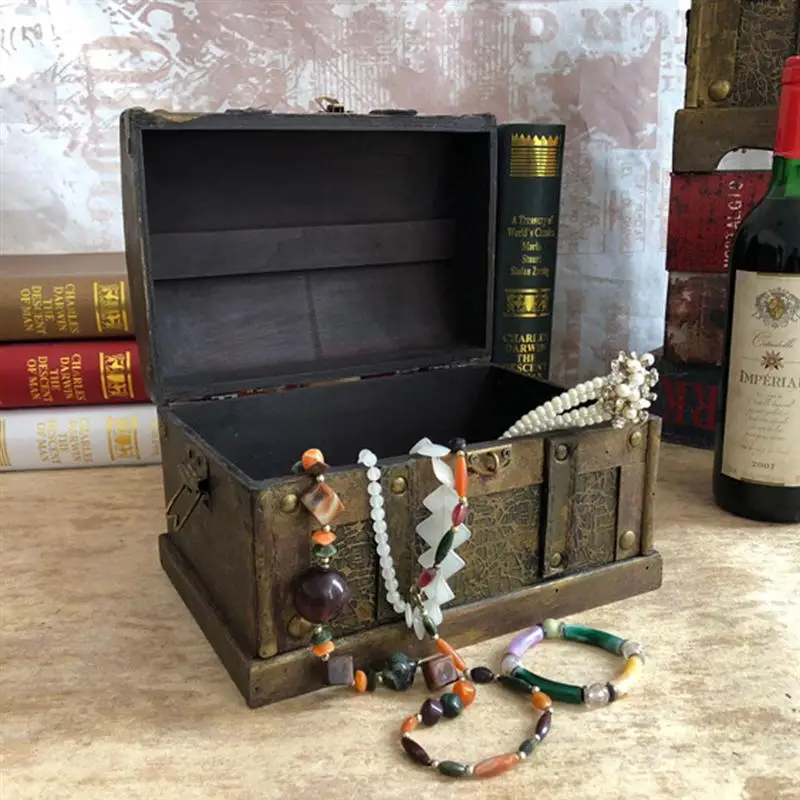 Retro Wooden Pirate Treasure Chest Box Gem Jewelry Trinket Keepsake Storage Case