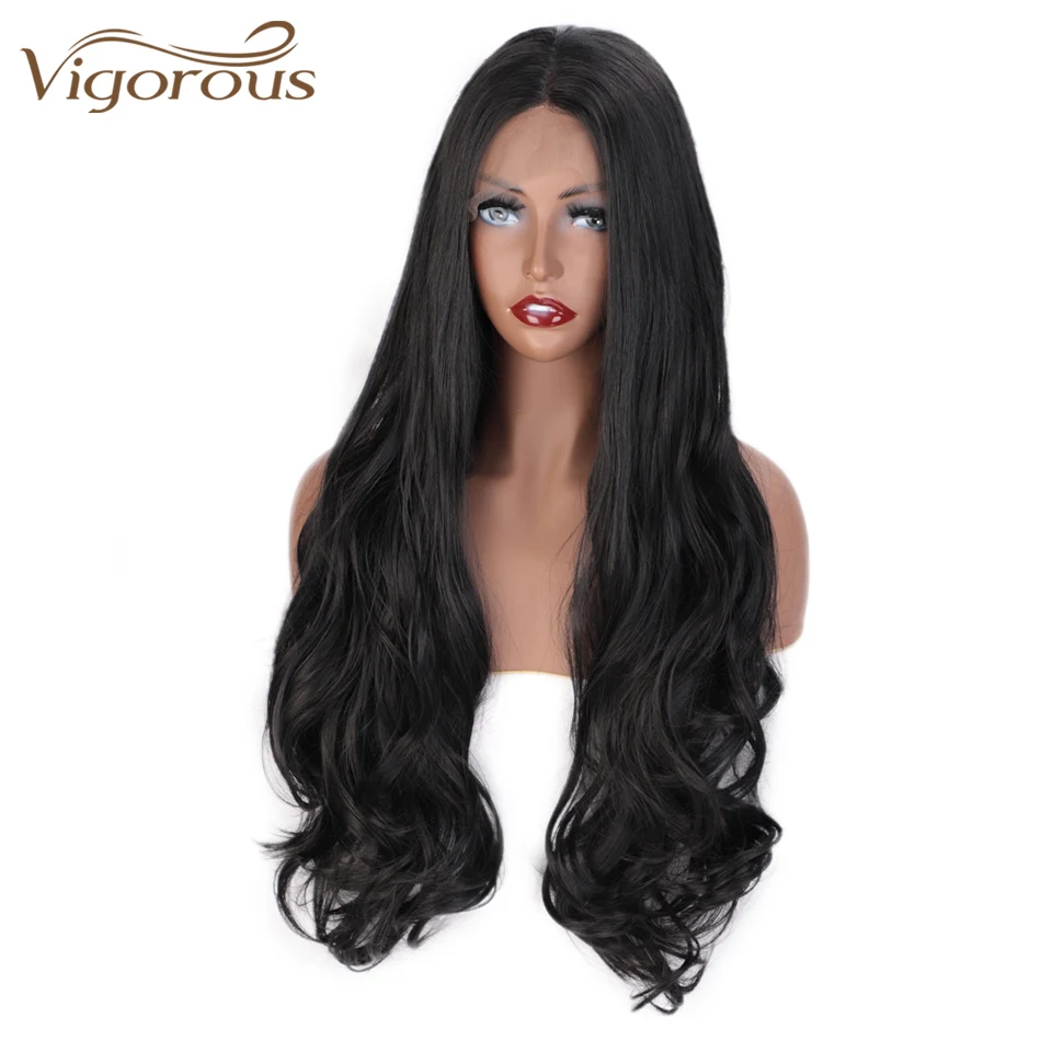 Активные длинные волнистые волосы средняя часть искусственные 13x4 Синтетические волосы на кружеве парик для черных Для женщин Термостойкое волокно