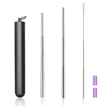 

Reusable Portable Straw, Collapsible Metal Straws, Telescopic Stainless Steel Drinking Straw with Black Travel Case & Cleaning B
