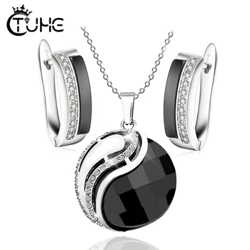 

Black White Ceramic Jewlery Set Special Shape Pendant necklace With Lovely Stud Earrings For Women Wedding Party Jewelry Sets