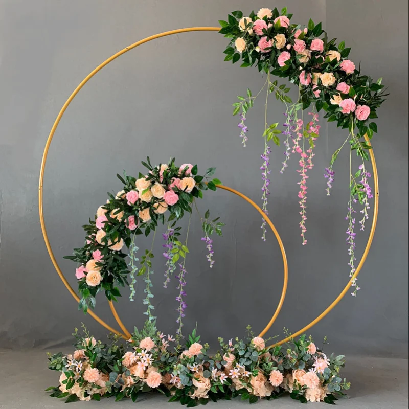 Wedding Arch Golden Wrought Iron Single Tube Ring Shelf Background  Decorative Round Flower Door Arch Props
