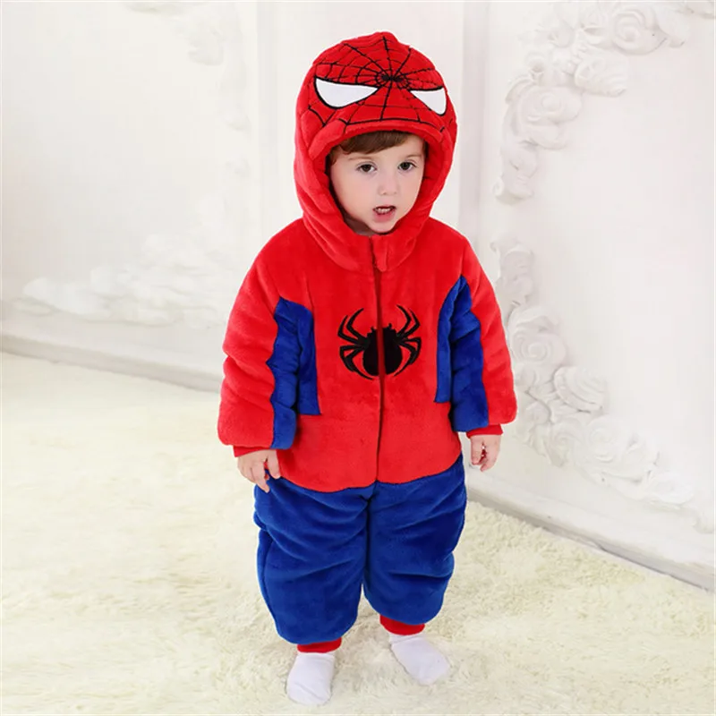 Baby Rompers Newborn Boys Girls Jumpsuit Clothes Hooded Pajamas Winter Warm Spiderman Batman Fleece Costumes roupas de bebe