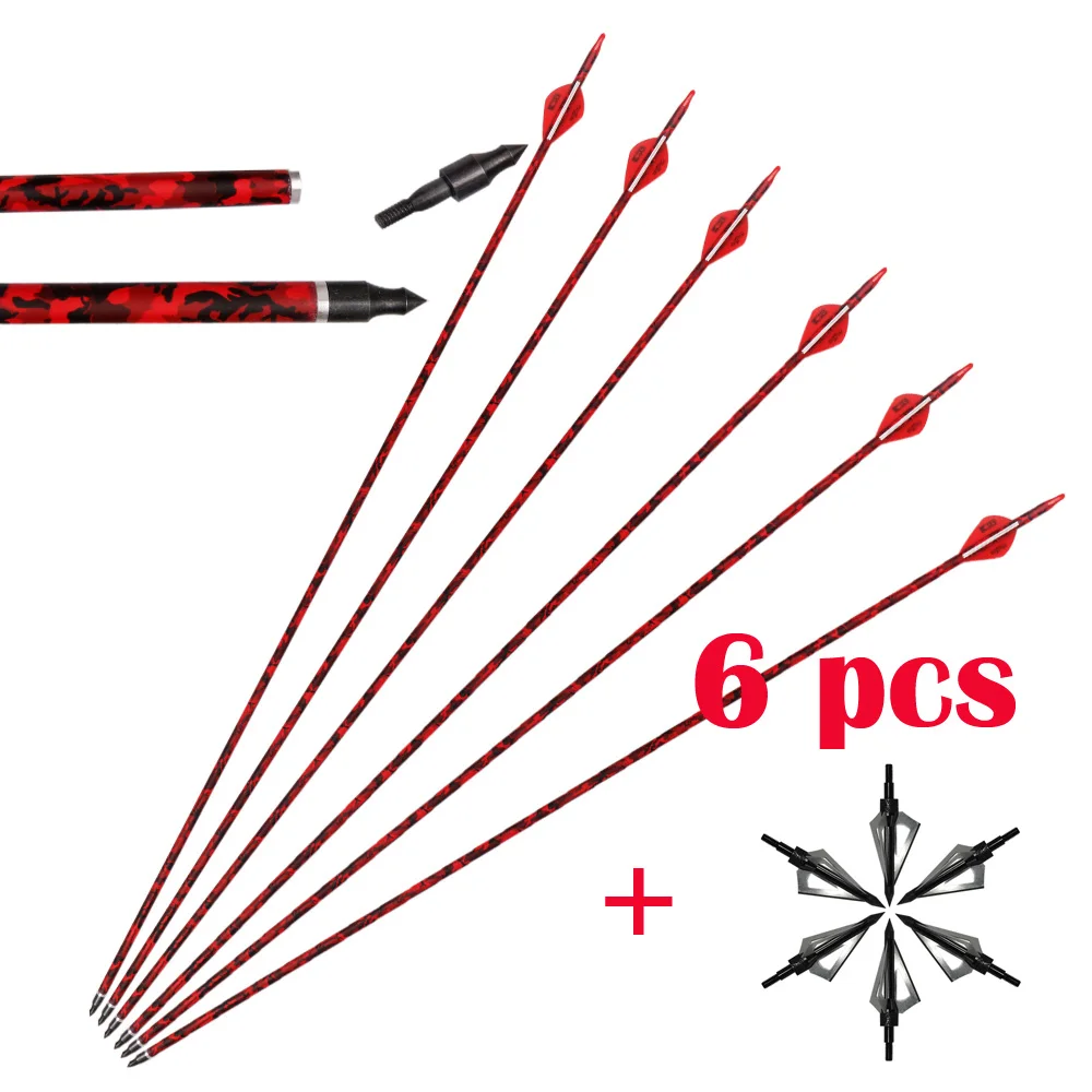 Красная камуфляжная стрела Spine 500 углеродная Стрела " светящиеся перья углеродные стрелы для охотничий лук и стрельба с болты - Цвет: 6pcs and arrowhead