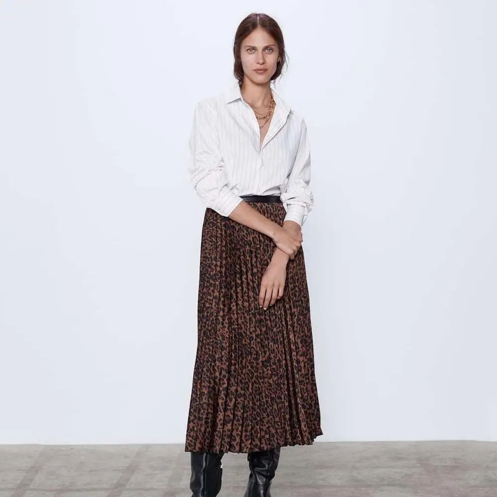 Новинка, Сексуальная плиссированная юбка с леопардовым принтом, Осень-зима, длина до колена, высокая талия, высокая Уличная Повседневная Свободная юбка