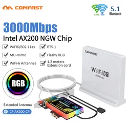 Adaptador de banda dupla pcie 3000mbps sem fio, intel ax200 wireless 6 bluetooth 5.1 placa de rede rgb wi fi 802.11ac/ax 2.4g 5g para desktop