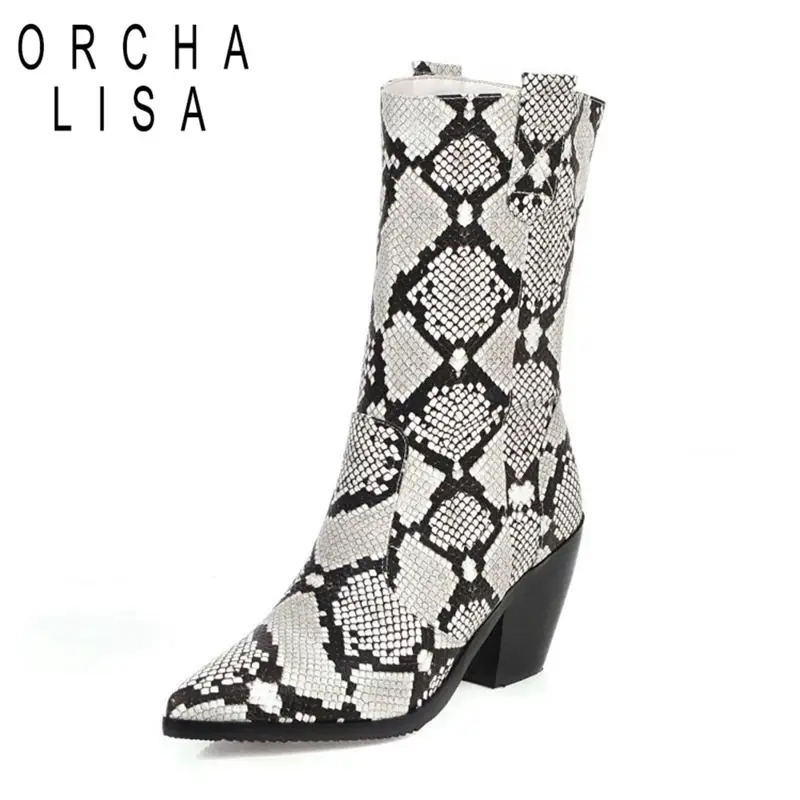 

ORCHA LISA Fashion Ankle Boots for Woman Flower print poited toe block high heels slip-on shoes runway style big size 46