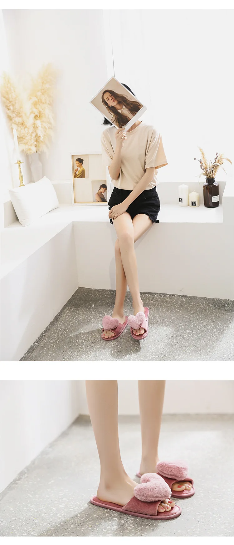 Мягкий теплый мех сердце Peeptoe осенние зимние тапочки для помещений Плюшевые игрушки Мягкая обувь подарок для детей#2754