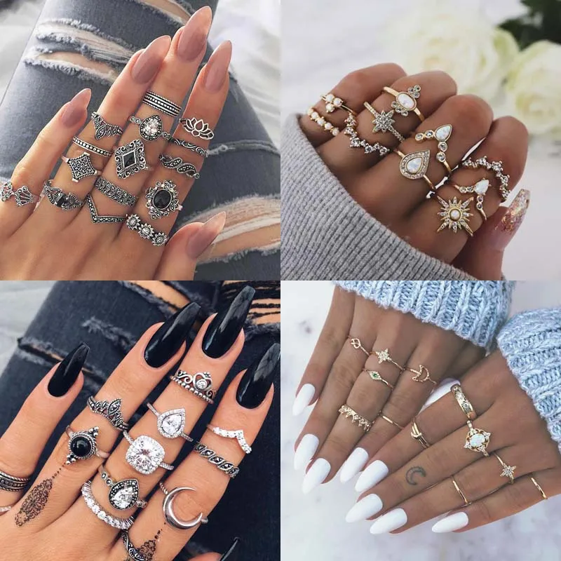 

Vintage Boho Finger Rings Set Moon lotus snake Crystal Midi Kunckle Ring For Women Wedding Party Jewelry Accessories