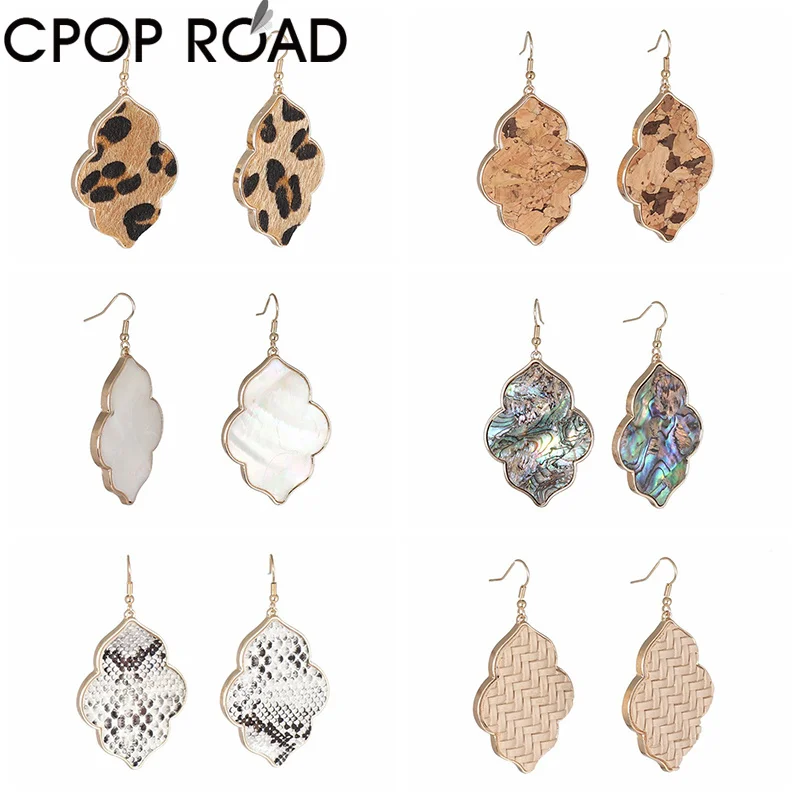 Cpop Trendy Faux Leather Leopard Earring for Women Gold Abalone Shell Pendant Drop Earrrings Fashion Jewelry Accessories | Украшения и