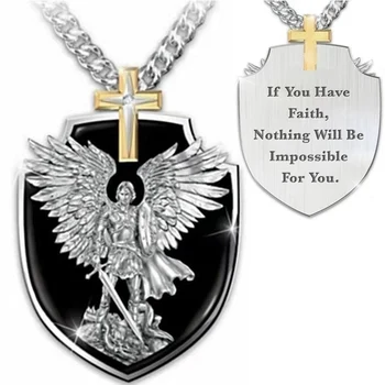 

Berbeny 2020 New Viking Men Necklaces Archangel St.Michael Saint Shield Protection Necklace Angel Wings Faith Cross Pendant