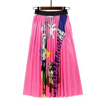 

Fashion Rabbit Pattern Cartoon Skirts Women Pleated Skirt Elastic High Waist Print High Street A Line Casual Skirt For Female