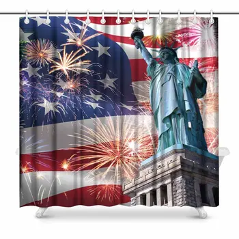 

Statue of Liberty with USA American Flag and Fireworks on Independence Day Decor Waterproof Polyester Bathroom Shower Curtain