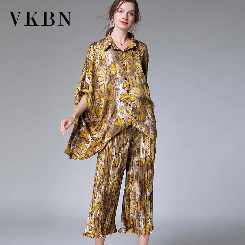 VKBN Large Size Irregular Top 2 Piece Set Women Print Sleeveless High Waist Straight Trousers Suit Two Piece Set Top and Pants