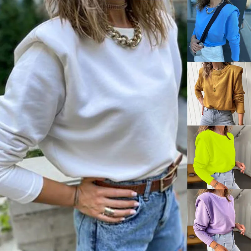 

Women Shoulder Pads Loose Hoodies Female Casual Tops Solid Color Hoodie Round Neck Long Sleeve Velvet Warm Sweatshirts