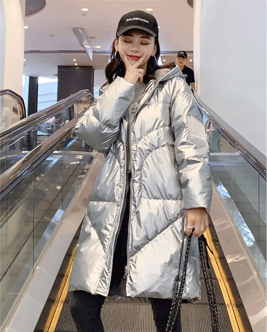 

2019 New Popular Winter Long Hooded Jacket Down Jacket Female Slim Female Silver Blue pink