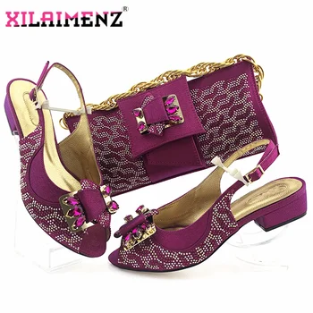 

Latest Magenta Shoes and Bags Set African Lady Shoes and Matching Bags Italian Women Rhinestone for Garden Party