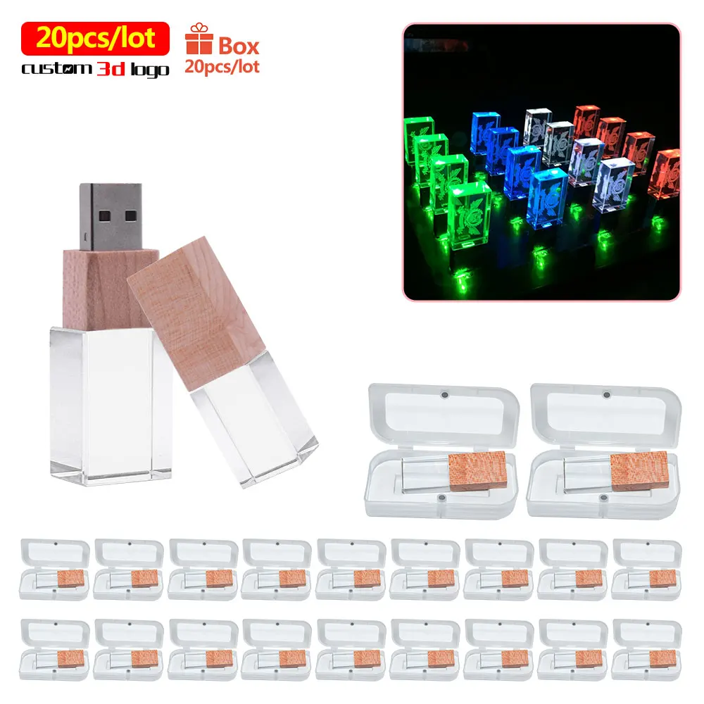Usb-флеш-накопитель с прозрачным стеклом 20 шт./лот usb 2 0 4 ГБ 8 16 32 64 со светодиодной