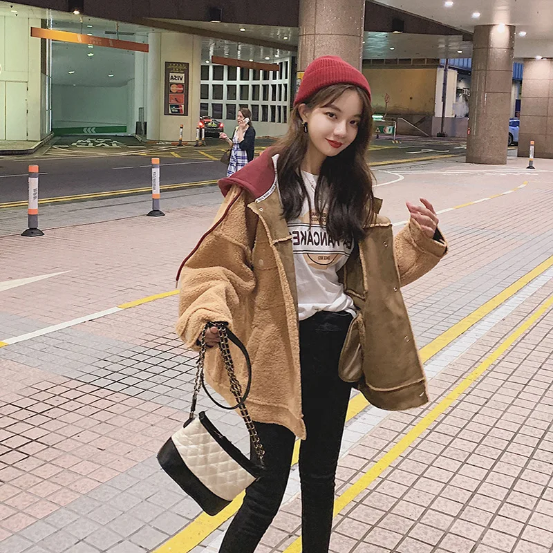 

Photo Shoot Hooded Contrast Color Lambs Wool Short Coat Cotton-padded Clothes 2019 New Style Autumn And Winter Korean-style Loos