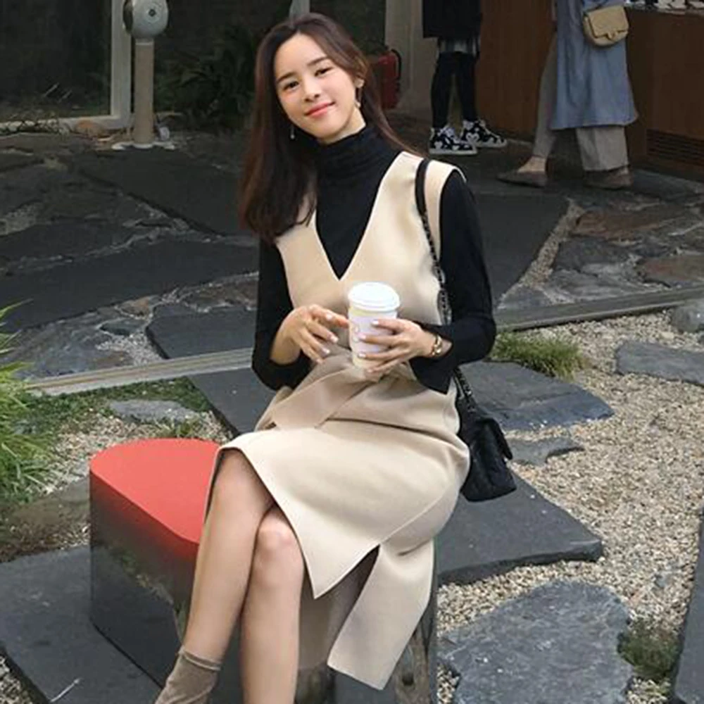 Корейское однотонное платье на бретелях для женщин на осень и весну с v-образным вырезом и поясом, однотонное бежевое платье с разрезом в стиле бохо, вязаный свитер, длинные платья в стиле ретро, базовая одежда