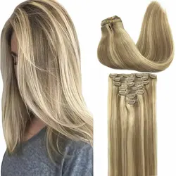 POPUKAR Clip in Human Hair Extensions Balayage Ombre Blonde Invisible Straight 100% Remy Hair Extensions With Clips