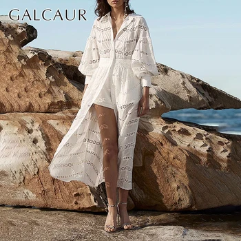 

GALCAUR Beach Dresses Women Lapel Lantern Wrist Sleeve Hollow Out Patchwork Lace Dress Female 2020 Spring Fashion