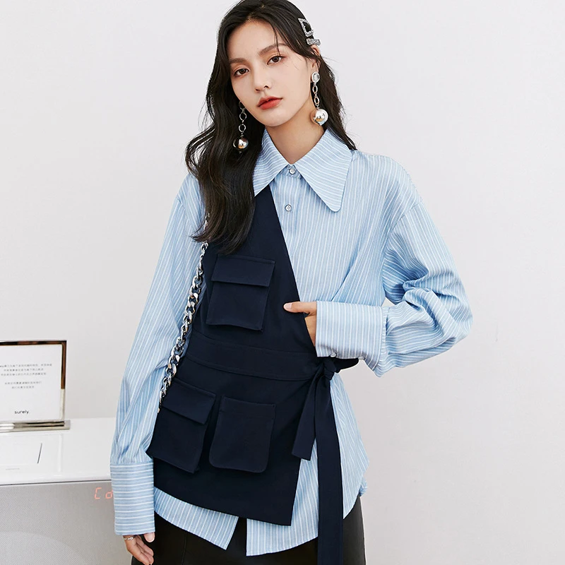 [EAM] Women Blue Striped Irregular Big Size Blouse