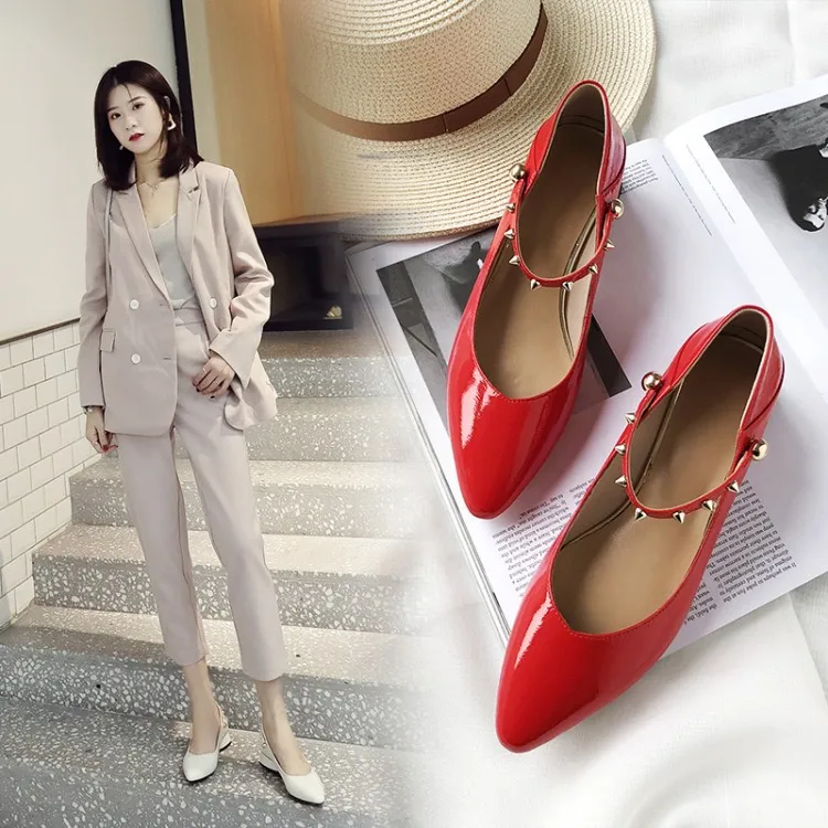 

Spring And Autumn Low Heel WOMEN'S Genuine Leather Shoes [201915-20] Genuine Leather Chunky Heel Pointed Shoes A- line Buckle We