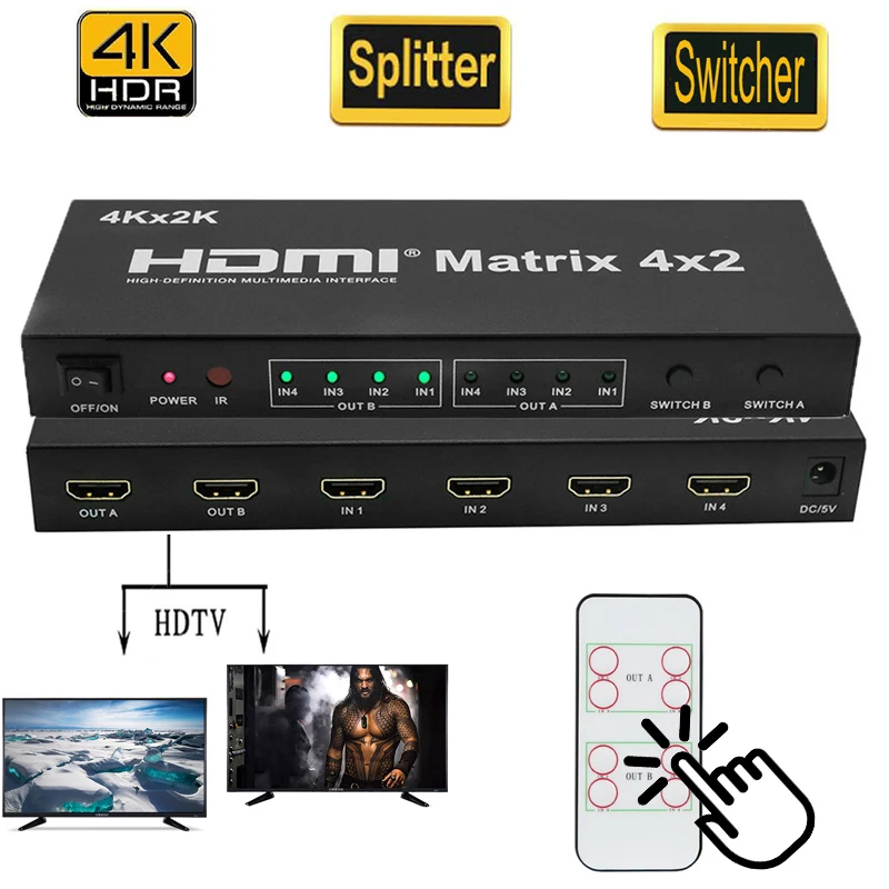 4K x 2K HDMI матрица 4x2+ аудио экстрактор HDMI переключатель сплиттер конвертер адаптер с пультом дистанционного управления 4 в 2 выход 4K 1080p HDTV DVD