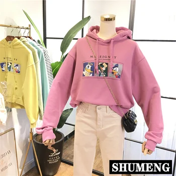 

Ulzzang Cartoon Printing Worn Loose Sweatshirt Simple Casual Teenagers Short Hooded Sweatshirt Female Terry Cotton Hoodie Coats