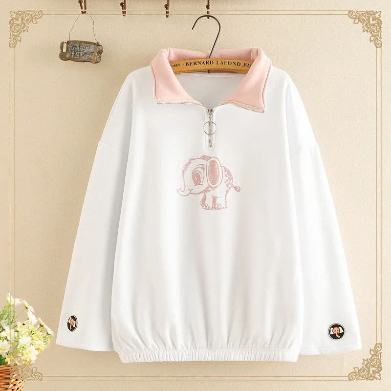 

Japanese Small fresh Cute Cartoon Elephant Print Hoodie Sweatshirt Turn down collar Long sleeve Warm Plus velvet pullover Tops