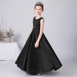O-Neck Birthday Party Dress For Kids Bow  Stain Formal Communion Princess Gowns Floor-Length Flower Girl Dresses For Wedding