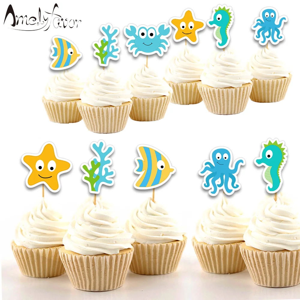 

Вечерние фигурки для кексов под морскую тематику, 18 шт., морские животные, для маленьких детей, вечерние украшения на день рождения