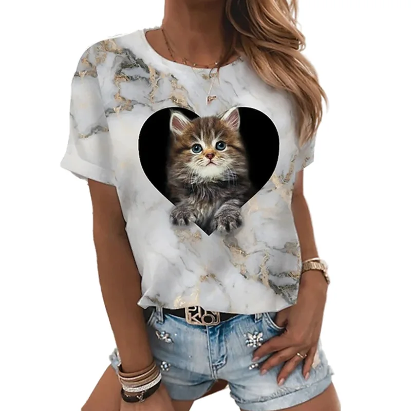 Summer Fashion Women's T-shirt Digital 3D Printing Short Sleeve T-shirt Cute Cat Round Neck Top Loose and Comfortable cute summer crop tops
