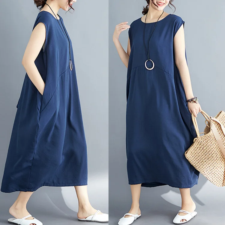 

2019 Summer Wear New Style Korean-style Solid Color Literature And Art Loose-Fit Simple Glorious Cotton Linen Large Size Sleevel
