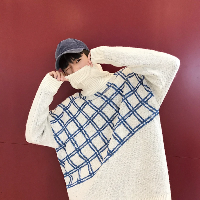 UYUK Winter High Collar Embroidery Lattice Stitching Geometric Pattern Set Head Youth Casual Trend Men's  Sweaters Clothes