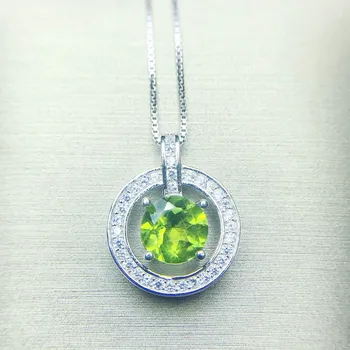 

Natural real peridot round necklace pendant Free shippping 925 sterling silver pendant 0.85ct gemstone #Q9102205