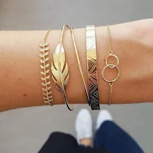 5 шт./компл. в богемном стиле сусальное золото "кошачьего глаза" браслет австрийского хрусталя Луна перо Дизайн Браслет Набор для Для женщин, стиль панк, вечерние, ювелирное изделие, подарок