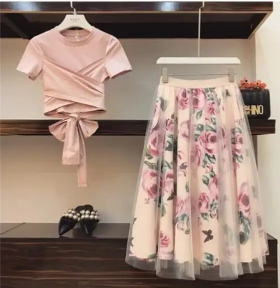 Милые женские с принтом розы набор 2019 весна лето мода бандаж крест хлопок блузки Топы и длинные миди юбки костюм