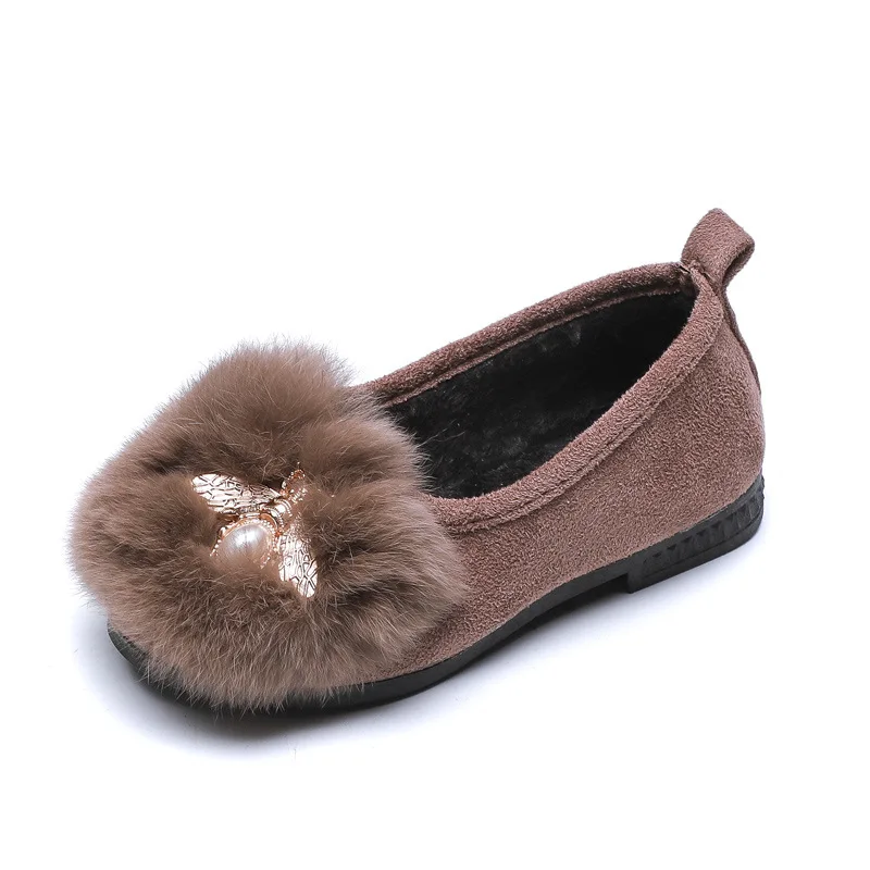 khaki Girls Casual Fur Shoes Butterfly Decoration Baby Girl Scoop Shoes Children Moccasin Kids Fashion Performance Show Flats - Цвет: khaki