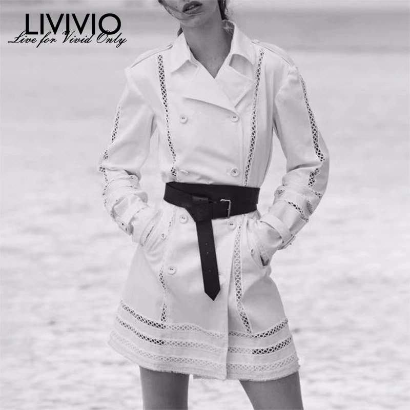 

[LIVIVIO] With Belt Patchwork Lace Double Breasted Long Sleeve Turn Down Neck Blazer Mini Dress Streetwear Korean Fashion New
